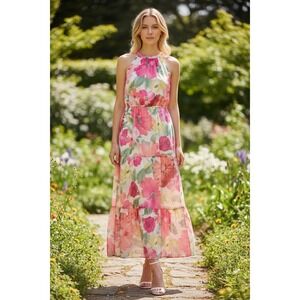 R&K Women Pink Floral Chiffon Tiered Maxi Dress Smocked Waist Size 18 NEW